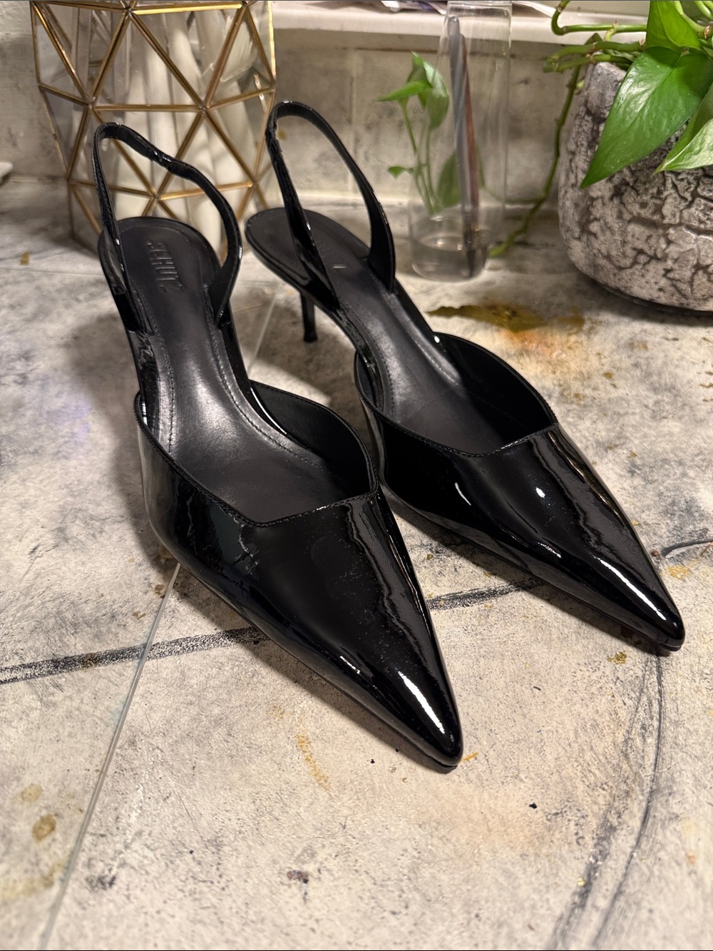 Schutz Black Patent Leather Pointed Toe Slingback Kitten Heels Size 10